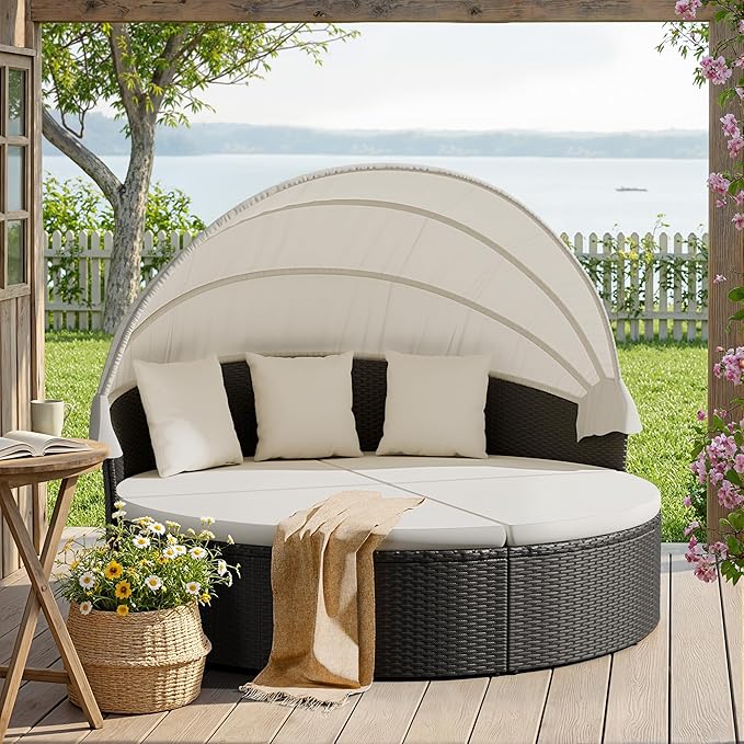 Devoko Patio Furniture Outdoor Round Daybed with Retractable Canopy Wicker Rattan Separated Seating Sectional Sofa for Patio Lawn Garden Backyard Porch DEVOKO