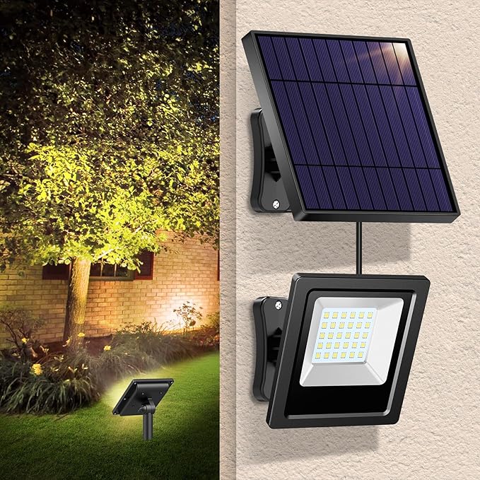Solar Lights Outdoor Solar Flood Dusk to Dawn Lights 4400mAh 3000K Warm White Auto On/Off with 16.4Ft Cable IP65 Waterproof for Outside Front Door Barn Garden Garage Yard Patio Pool Lightonight