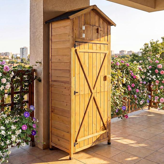 Goplus All-in-One Storage Shed, 70" Tall Wooden Lockable Cabinet w/Foldable Work Table, Vertical Utility Tool Organizer w/Shelves & Hooks, Waterproof Garden Shed for Patio Backyard (Natural) Goplus
