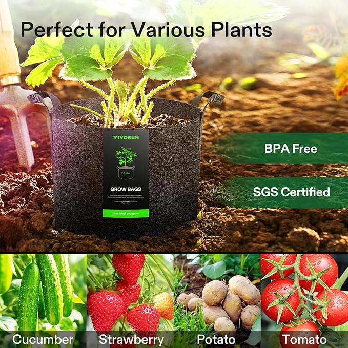 VIVOSUN 5-Pack 7 Gallon Plant Grow Bags, Heavy Duty Thickened Nonwoven Fabric Pots with Handles VIVOSUN