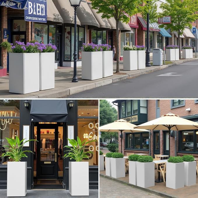 Galvanized Steel Metal Planter, 28 Inch White Square Outdoor Planters with Removable Insert Shelf and Drain Holes, Heavy Duty Flower Pot Modern Commercial Residential for Trees Patio Deck Yard Garden GradenHomeD%C3%A9corProducts
