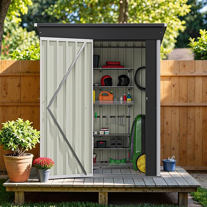 Greesum 5×3 FT Outdoor Storage Shed, Metal Storaged Sheds Without Floor, Tool Sheds with Lockable Doors and Sloping Roof for Garden, Patio, Backyard, White BuynowfromGreesum