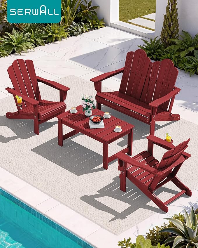 SERWALL Outdoor Coffee Table with 1.69" Umbrella Hole, HDPE Patio Coffee Table for Outside, Rectangle, Red SERWALL