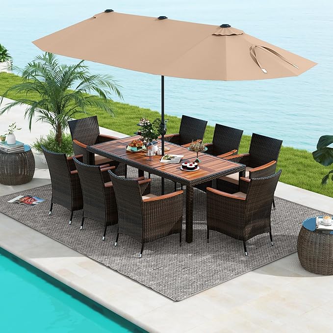 Tangkula 11 Piece Rattan Outdoor Dining Set with 15Ft Patio Umbrella for 8, Outdoor Wicker Table Set with 8 Cushioned Armchairs, Acacia Wood Top, Outdoor Umbrella with Base Included TANGKULA