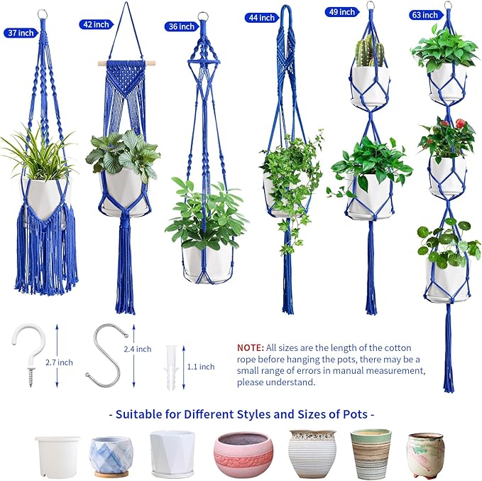 Macrame Plant Hangers, 6Pack Hanging Planters for Indoor Plants w/ 6 Set Hangers Kit Handmade Macromay Plant Hangers Indoor Flower Pots Holder Stand for Boho Home Décor (POTS NOT Included) SFENNGPET