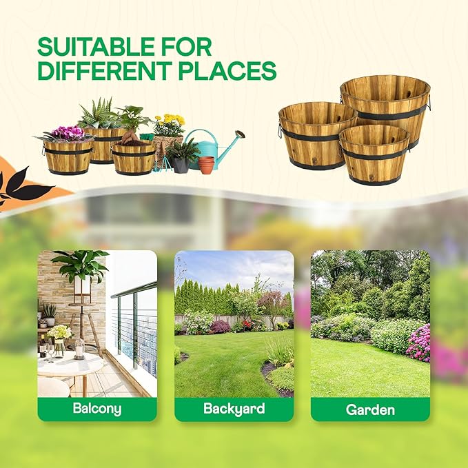 Idzo Set of 3 Wooden Flower Planters for Outdoor Plants, Acacia Wood Barrel Planters, Ergonomic Handles, Drainage Holes, Various Sizes, Golden Teak Idzo