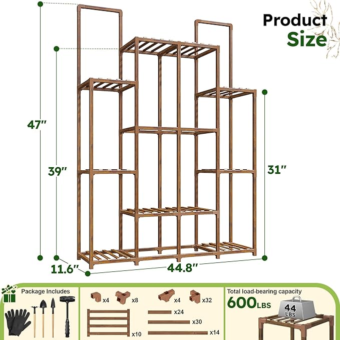 EnHomee Plant Stand Indoor Wood Plant Stand Outdoor Plant Shelf with 14-18 Potted Double Rod Large Plants Holder 440LBS Plants Shelves for Living Room Patio Balcony Yard Garden 44.8''W×11.6''D×47''H EnHomee