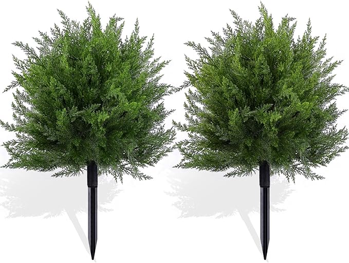 Artificial Topiary Bushes for Outdoors with Spike, Boxwood Ball Fake Shrubs UV Resistant Faux Plants for Indoor Outdoor Fall Thanksgiving Halloween Decor (Cedar Topiary Ball Trees) FAJUNZH