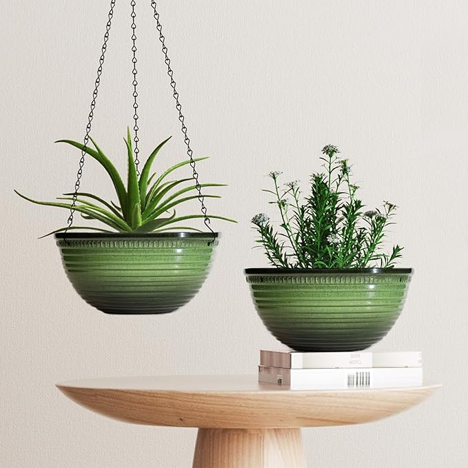 12 inch Hanging Planters for Indoor Outdoor Plants, 2 Pack Large Hanging Flower Pots with Drainage Holes and Chain, Glazed Hanging Baskets for Home Garden Decoration, Green Vanslogreen