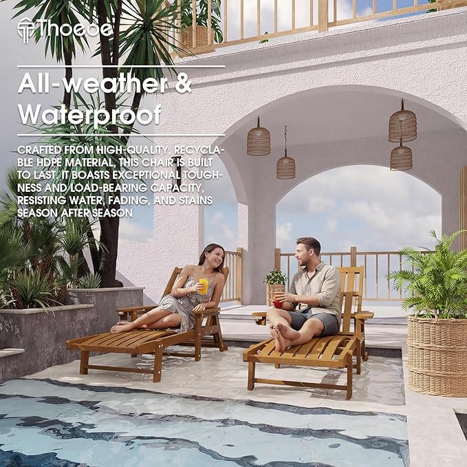 Patio Chaise Lounge Chair Set of 2, Oversized Lounge Chair Outdoor with 5 Positions, HDPE, Patio Lounge Chair with Wheels & Cup Holder for Pool, Deck, Poolside,Wood THOEOE