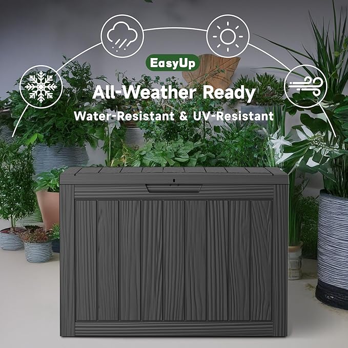 EasyUp 45 Gallon Outdoor Storage Box, Resin Waterproof UV-Resistant Deck Box, Reinforced Stability for Patio, Garden, and Poolside, Striped Black EASYUP