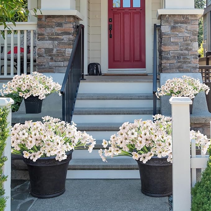 24 White Bundles Artificial Flowers for Outdoors/Indoors Fake Flowers Plants for Indoor Outside Garden Porch Window Box Home Wedding Farmhouse ColoPlay