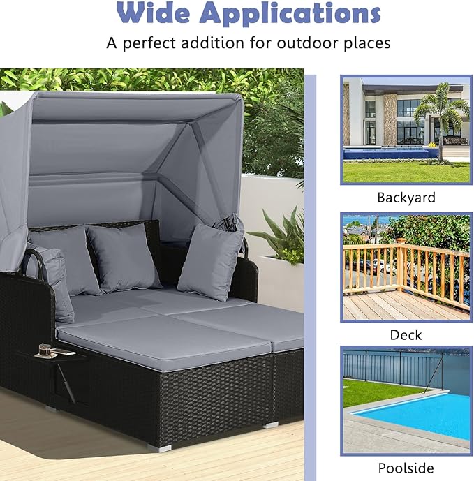 Tangkula Patio Rattan Daybed with Retractable Canopy, Outdoor Wicker Sunbed Lounger with 2 Foldable Side Tables, Thick Seat & Back Cushions, Outside Double Daybed for Garden, Backyard, Porch (Grey) TANGKULA