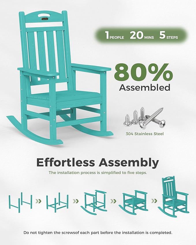 Oversized Outdoor Rocking Chair, High Back Porch Rocker Chair, HDPE All Weather Resistant Rocking Chairs for Patio, 380lbs Weight Capacity, Lake Blue Suunyn
