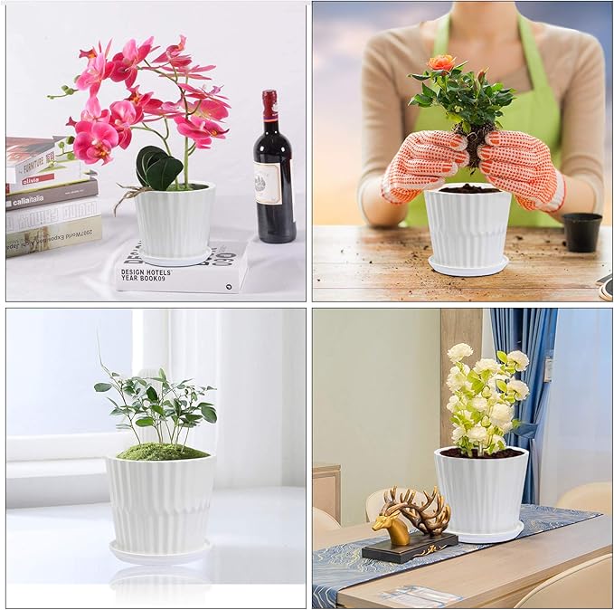 Plant Pots - 6.7 Inch Cylinder Ceramic Planters with Connected Saucer, Pots for Succuelnt and Little Snake Plants, Set of 2, White sietpoek