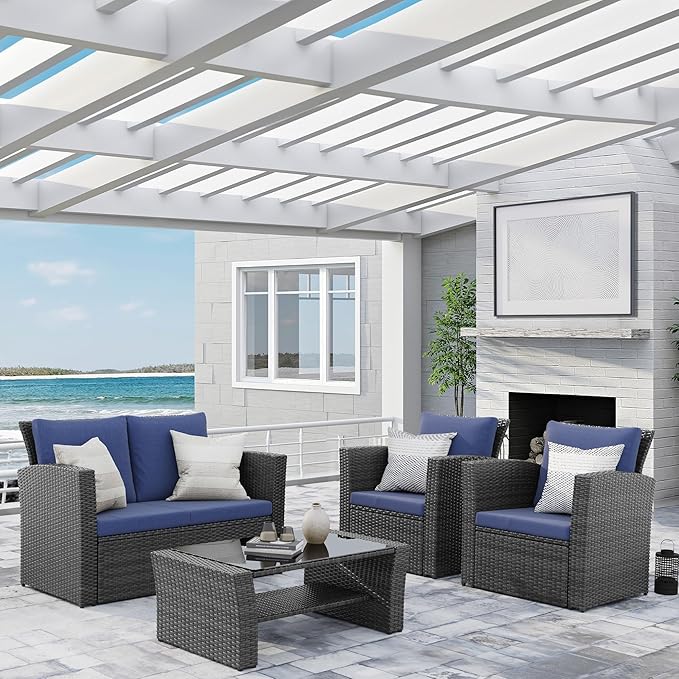 Wisteria Lane 4 Piece Patio Furniture Set, Wicker Outdoor Patio Conversation Furniture Set, All Weather Outdoor Patio Sofa with Cushion and Glass Table, Blue WisteriaLane