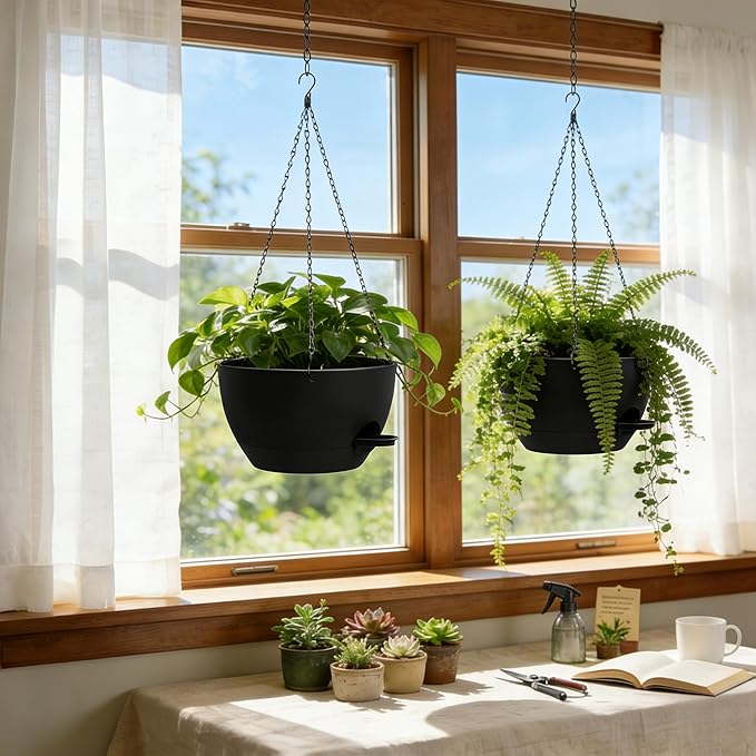 13 Inch 2 Pack Large Self Watering Hanging Planters for Indoor Outdoor Plants, Hanging Plant Pots with Removable 50 Oz Reservoir, Plastic Hanging Basket for Window Porch Garden Balcony, Black UOUZ