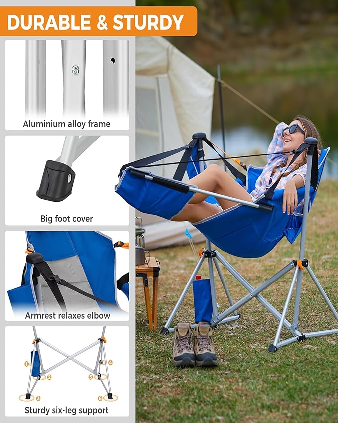 KingCamp Hammock Chair with Footrest – Heavy Duty Swinging Rocking Camping Chairs for Adults up to 400lbs, Folding Portable Oversized Rocker with Cup Holder & Pillow for Outdoor Beach Lawn RV Sports KingCamp