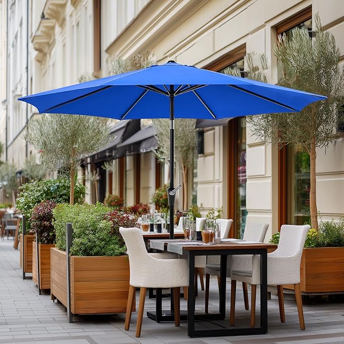 OLIXIS 9ft Patio Umbrella with Tilt and Crank Button & 8 Sturdy Ribs Waterproof, Patio Table Umbrella Perfect for Poolside, Terrace, Beach and Outdoor Restaurant, Blue OLIXIS
