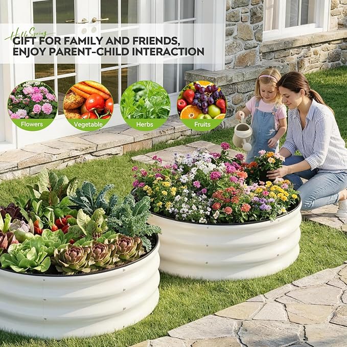ZORMY Galvanized Raised Garden Bed Outdoor, Round Metal Planter Boxes 2 Pcs, 3x3x1ft Steel Raised Bed Kit for Planting Vegetables, Fruits, Flowers(White) ZORMY