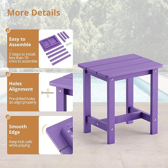 LUE BONA Outdoor Side Table Set of 2, HDPS Small Outdoor Table, Adirondack Side Table, Outside End Table for Patio, Porch, Deck, Pool, Weather Resistant/Easy Maintenance, Purple LUEBONA