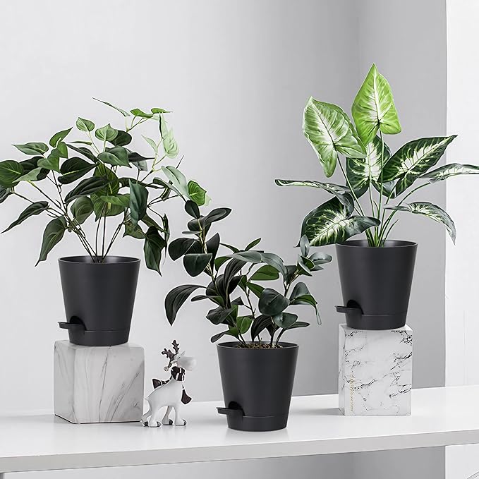 5 Pack 5 inch Self-Watering Pots, African Violets Planter with Drainage Holes and Reservoir, Black Plastic Planter for Indoor Outdoor Plants Flowers and Houseplants Black, 5 inch 5 pcs zople