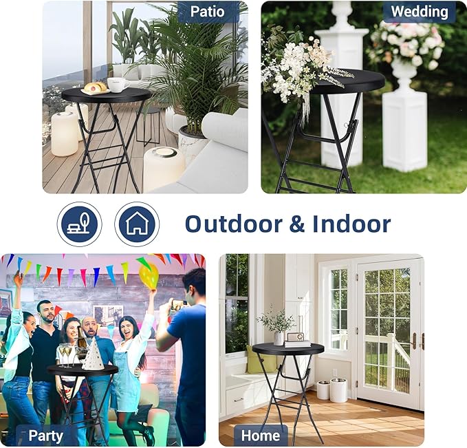Cocktail Table 28in Folding Round High Top Indoor Outdoor with Removable Legs, Tall Bistro Foldable Bar Height Table for Parties, Patio, Backyard, Dining Room, Events, Black- 2PCS Home