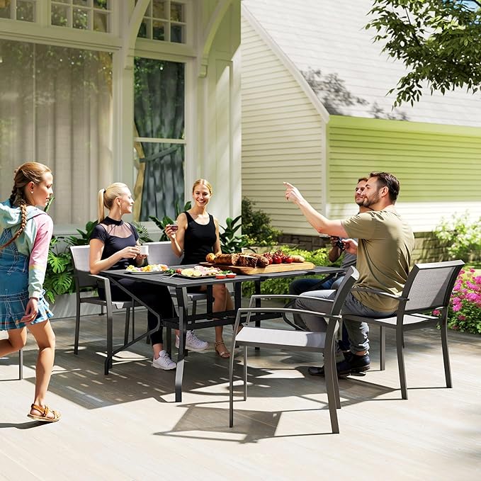 Outsunny Rectangle Outdoor Dining Table for 6 People, Steel Rectangular Patio Table with Umbrella Hole, Steel Frame for Garden, Balcony, Black Outsunny
