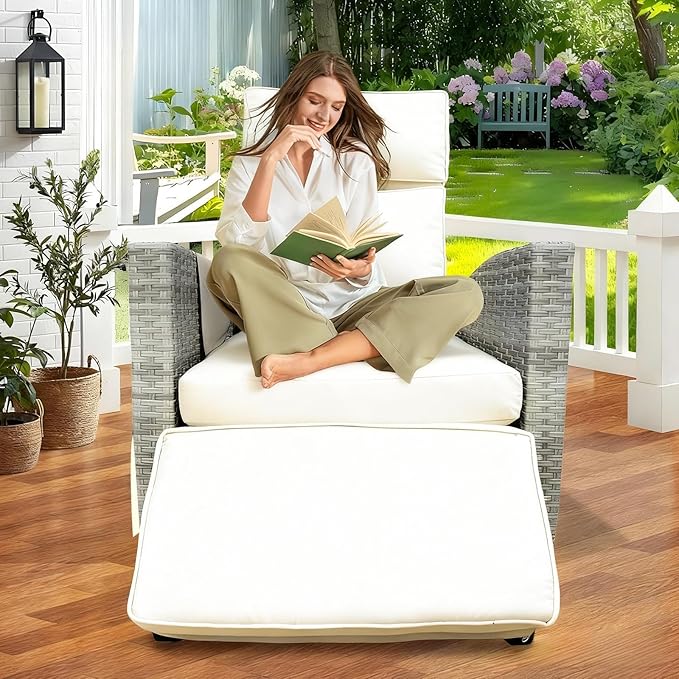 Outdoor Wicker Recliner Chair, 145° Patio Lounge Chair with 4" Cushion, Adjustable Backrest & Footrest, Flip-up Table & Side Pocket for Backyard, Deck, Balcony, Terrace, Poolside Rootora