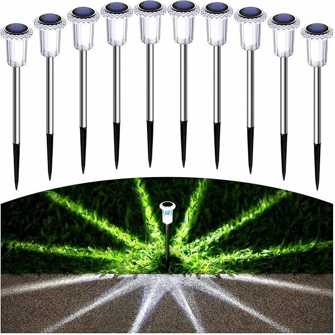 Solar Pathway Lights 10 Pack Christmas Solar Lights Outdoor Waterproof 6000K Cold White Yard Lighting, LED Stainless Steel Stake for Garden Outside Landscape Lawn Driveway Walkway Path Gorrzai