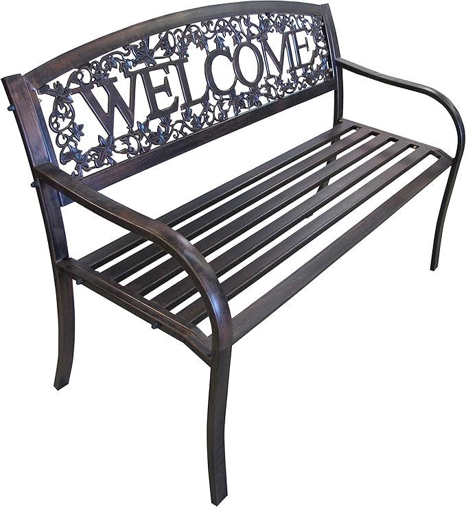 Leigh Country Metal Outdoor Bench, Welcome Design, Decorative Patio Seating for Porch/Deck LeighCountry