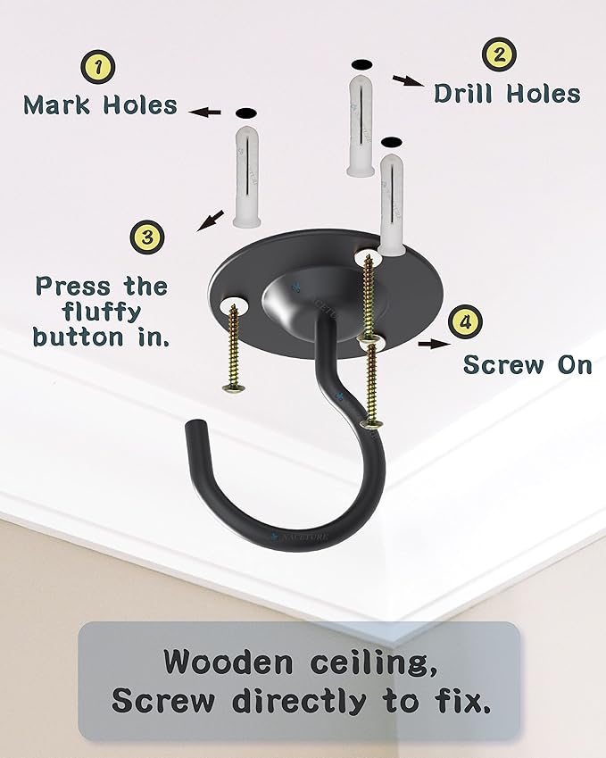 NACETURE Ceiling Hooks for Hanging Plants 3 Pack - Plant Hanger Indoor Hanging Hooks Metal Plant Bracket Iron Lanterns Hangers for Wind Chimes (Black 3 Pack + Chain) NACETURE