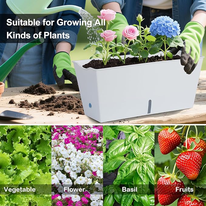 Window Box Planter 6 Pcs, 16.5 Inches Self Watering Rectangle Flower Plant Pots with Drainage Holes Trays, Vegetable Planters for Windowsill Patio Garden Balcony Porch Yard (White) Oliz