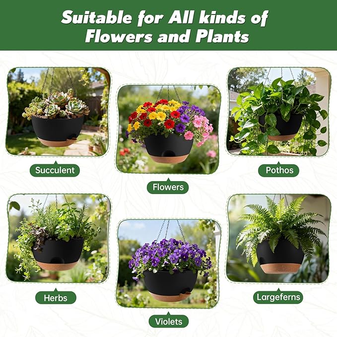 3-Piece Set of 10-Inch Hanging Planters with Automatic Watering System and Drip Tray, Includes Metal Chain, Suitable for Various Indoor and Outdoor Plants and Flowers, Black-Brown Rootora