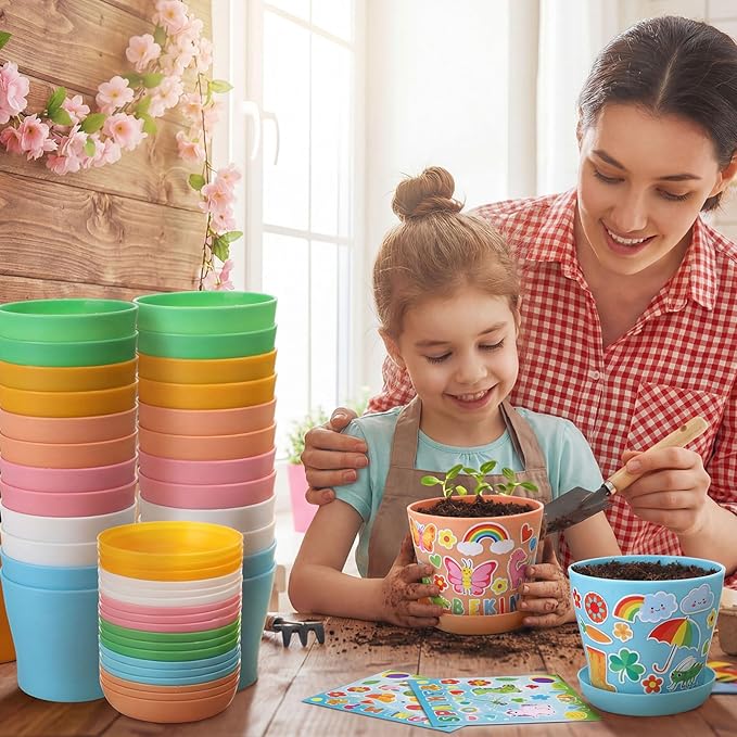 Capoda 48 Sets Garden Flower Pots Crafts Kit DIY Spring Plastic Seedling Nursery Pots with Stickers Plant Labels Growth Charts Planting Growing Tools Classroom Activities Project Gifts (Colorful) Capoda