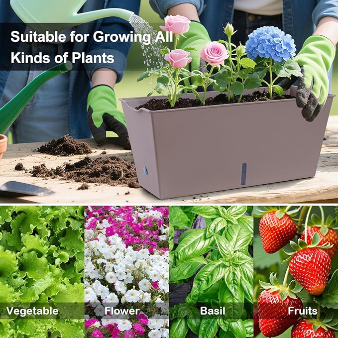 Window Box Planter 6 Pcs, 16.5 Inches Self Watering Rectangle Flower Plant Pots with Drainage Holes Trays, Vegetable Planters for Windowsill Patio Garden Balcony Porch Yard (Khaki) Oliz