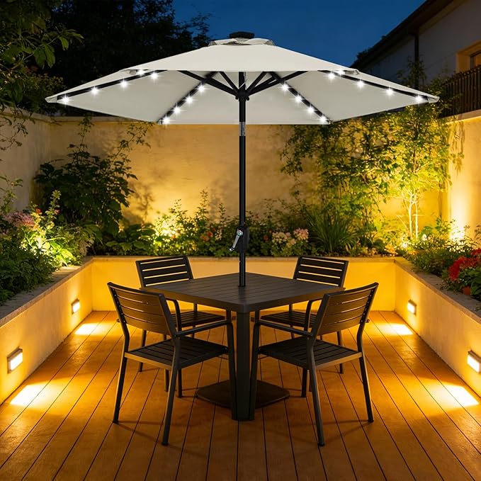 ABCCANOPY Durable Solar Led Patio Umbrellas with 32LED Lights 7.5FT (Light Beige) ABCCANOPY