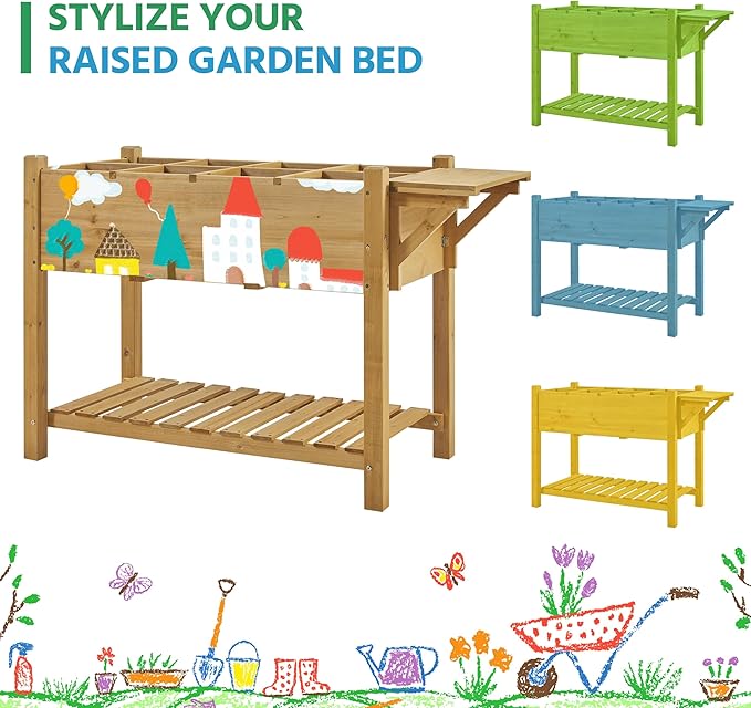 Yaheetech 49x22x32in 8 Pockets Horticulture Raised Garden Bed Elevated Wood Planter Box Stand with Foldable Side Table and Storage Shelf for Herb/Vegetables/Flowers, Light Brown Yaheetech