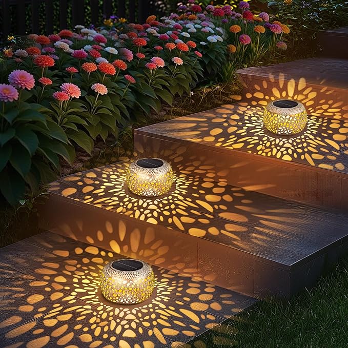 Solar Lanterns Outdoor Waterproof: 2 Pack White Gold Hollow Out Metal Solar Lights - 2 Lighting Colors Outside Patio Garden Yard Porch Tabletop Decorations - Unique Gifts for Women Mom Wife NFEVER