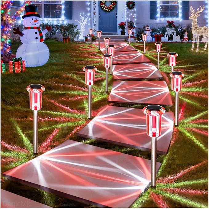 DenicMic Solar Lights Outdoor 10 Pack Waterproof Red White LED Stainless Steel Stake Outside Lights for Yard Pathway Garden Driveway Walkway Landscape Path Lighting Valentines Day Decorations Denicmic