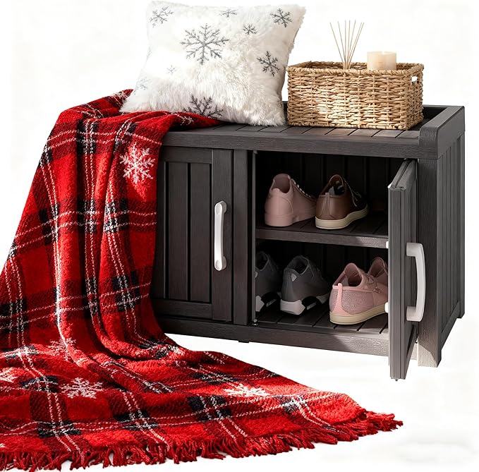 2-Tier Storage Bench, Waterproof UV-Resistant Outdoor Shoe Storage Cabinet with 2 Doors & Adjustable Shelves for Indoor Outdoor Entryway, Hallway, Living Room (Midnight Black) NBYSGO