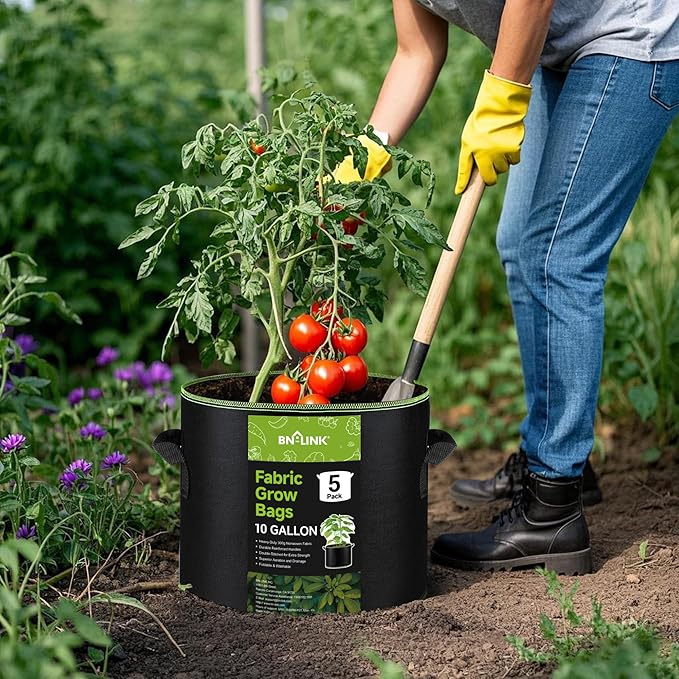 BN-LINK 5-Pack 10 Gallon Grow Bags, Heavy Duty Aeration Fabric Pots with Handles, Thickened Nonwoven Plant Bags for Vegetables, Flowers, Fruits BN-LINK