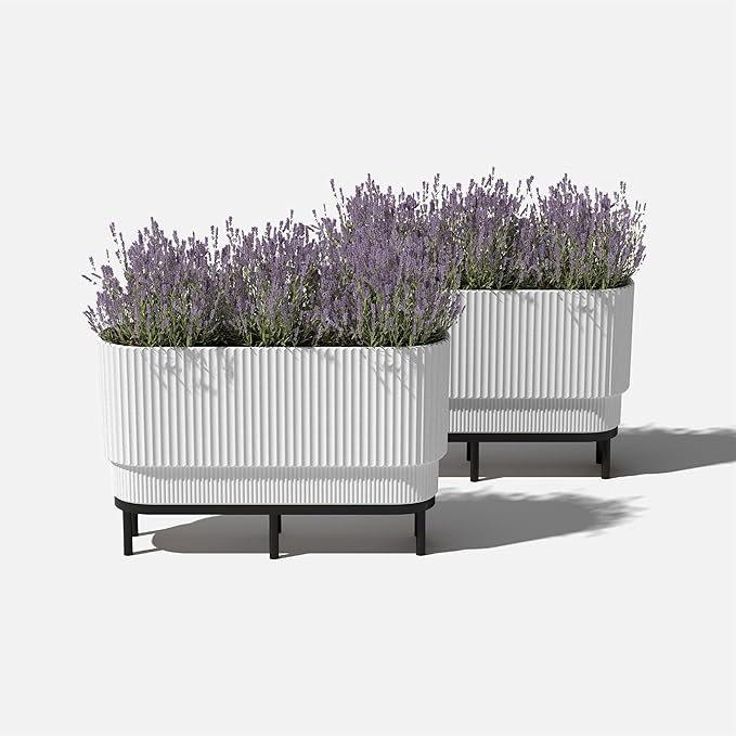 Veradek Demi Series Raised Long Planter for Indoor/Outdoor Use | Made from Plastic & Stone w/Wooden Stand | Modern Patio Décor for Flowers/Shrubs VeradekOutdoor