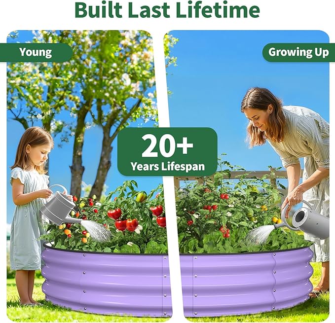 Kesfitt Round Raised Garden Bed, 4x4x1 FT Galvanized Steel Metal Garden Bed, Open-Bottom Design, 12-Inch Deep Outdoor Raised Garden Bed for Vegetables & Herbs, Lavender Purple Kesfitt