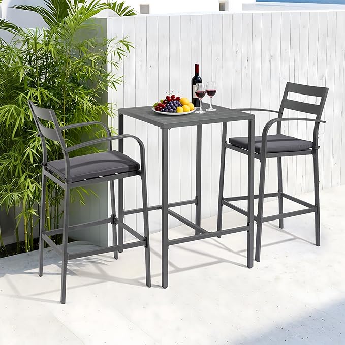 VINGLI 3-Piece Outdoor Bar Set, Aluminum Bar Height Table & 2 Chairs with Cushions, Outdoor Bistro Set for Patio, Backyard, Poolside, Garden(Gray) VINGLI