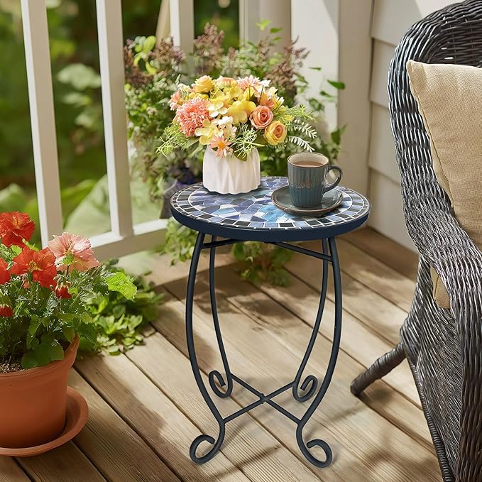 LIFFY Outdoor Side Table,12" Round Ceramic Tile Tabletop Accent Table with Metal Frame, Indoor Small Decorative Plant Stand & End Table for Home, Patio, Garden LiffyArt