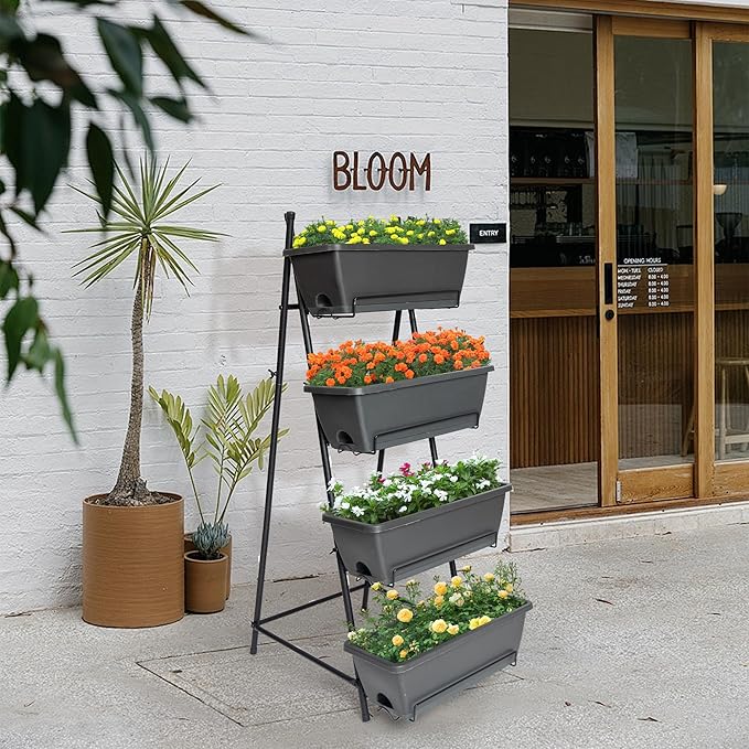 GENMOUS 4 Tier Raised Garden Bed Tall 45'' Vertical Elevated Garden Planter Standing Garden Bed Planter Box with Drainage Holes Removable Tray Outdoor Herb Planter Stand on Patio Balcony Porch Black GenMousCo