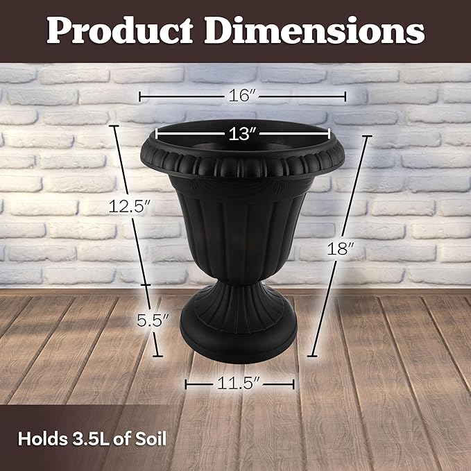 Outdoor Planter 2-Pack - 16x18-Inch Urn Planters - Plastic Plant Pots for Indoor, Outdoor, or Front Porch Decor - Flower Pots by Pure Garden (Black) PureGarden