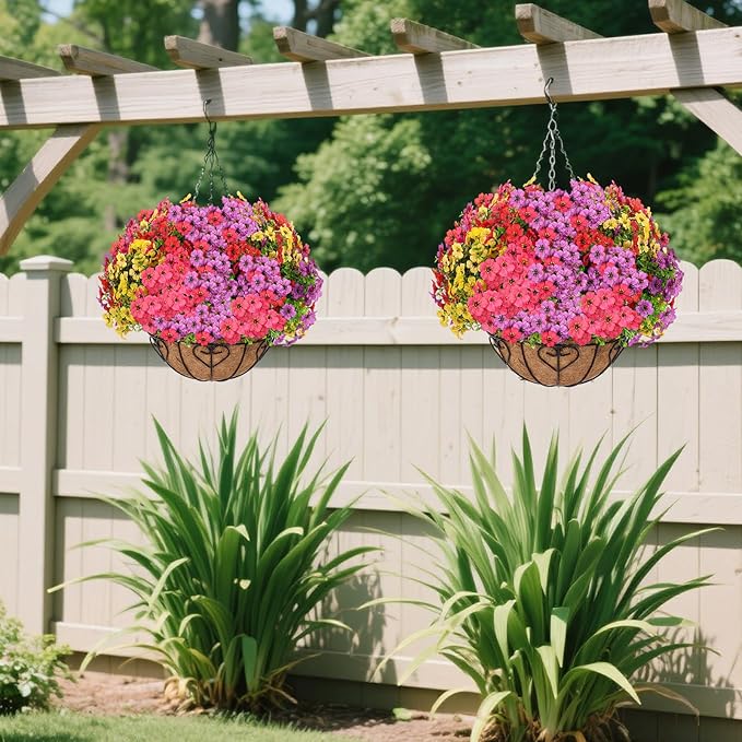 Artificial Hanging Flower for Outdoors, Fake Hanging Basket for Outside,1 Hanging Basket with 13 Pcs Faux Silk Flowers for Porch, Balcony and Patio Decor(Mixed) LetuoClipsClipsandHooks