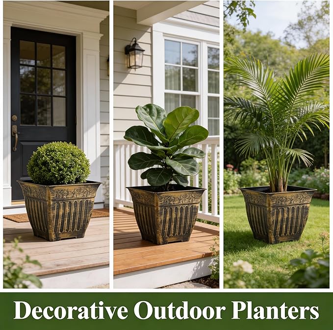 14 Inch Vintage Square Planter - 4 Pack Heavy Duty Antique Gold Plastic Flower Pot with Drainage & Raised Base, Retro Distressed Style Plant Container for Outdoor Patio, Porch, Indoor (7 Gallon) BTPLASTIK